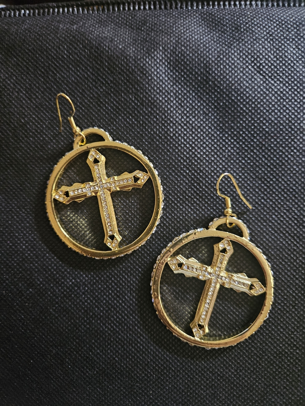Sassy Jones - Gold Crystal Cross Circle Dangle Earrings